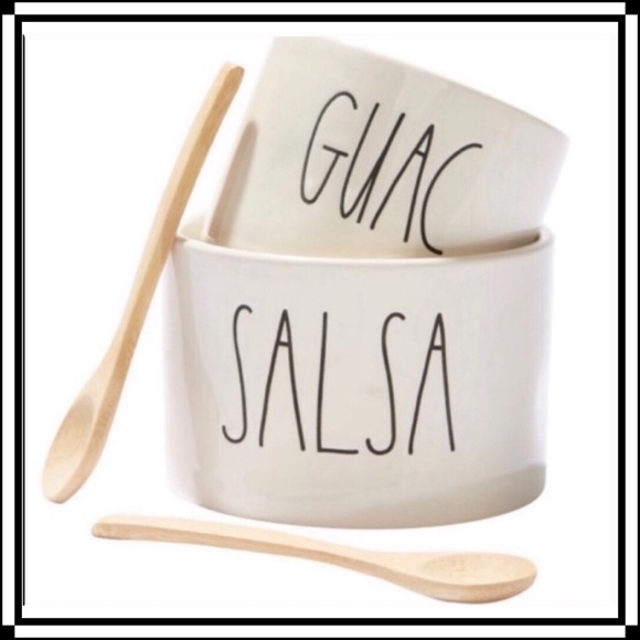 Rae Dunn SALSA & GUACAMOLE Serving Bowl Set + 2 Wooden Spoons NIB - Picture 2 of 10